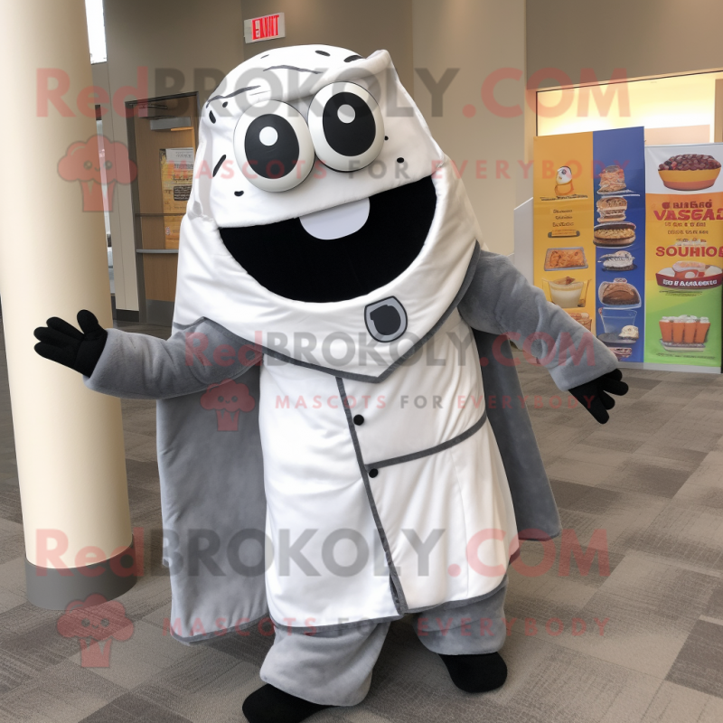 Gray Enchiladas mascot costume character dressed with a Jacket and Wraps