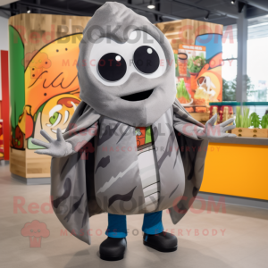 Gray Enchiladas mascot costume character dressed with a Jacket and Wraps