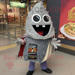 Gray Enchiladas mascot costume character dressed with a Jacket and Wraps