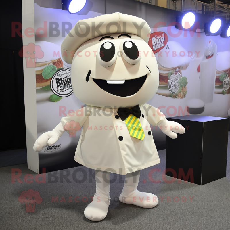 White Burgers mascot costume character dressed with a Culottes and Tie pins White Burgers mascot costume character dressed with a Culottes and Tie pins