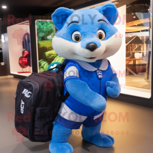 Blue Mongoose mascot costume character dressed with a Rugby Shirt and Backpacks