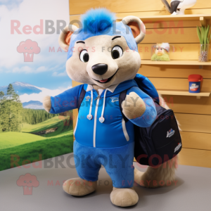 Blue Mongoose mascot costume character dressed with a Rugby Shirt and Backpacks