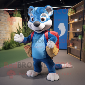 Blue Mongoose mascot costume character dressed with a Rugby Shirt and Backpacks