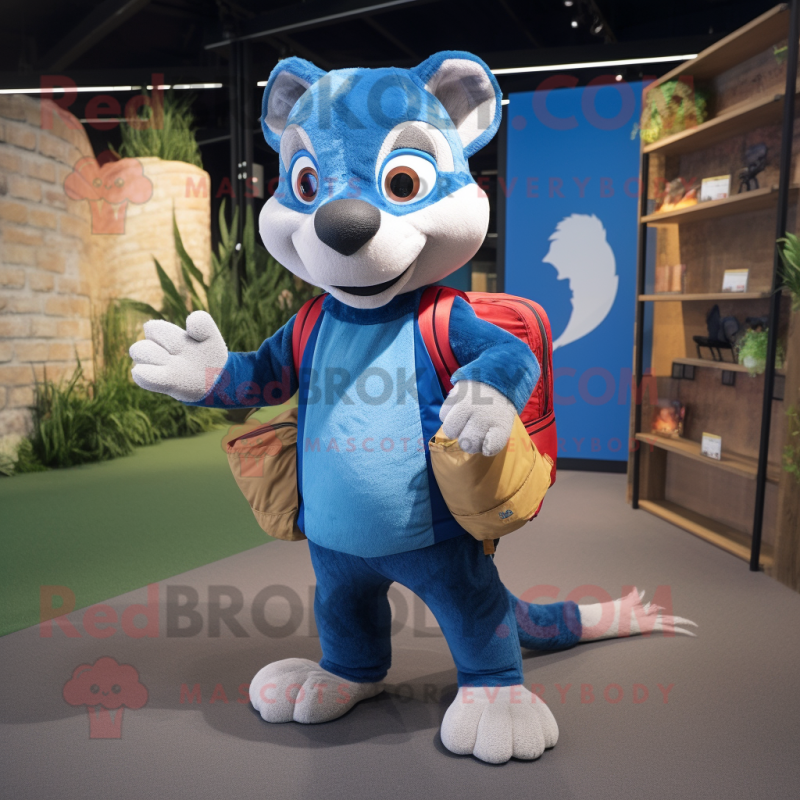 Blue Mongoose mascot costume character dressed with a Rugby Shirt and Backpacks Blue Mongoose mascot costume character dressed with a Rugby Shirt and Backpacks