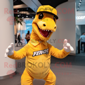 Yellow Velociraptor mascot costume character dressed with a Henley Shirt and Beanies