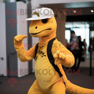 Yellow Velociraptor mascot costume character dressed with a Henley Shirt and Beanies
