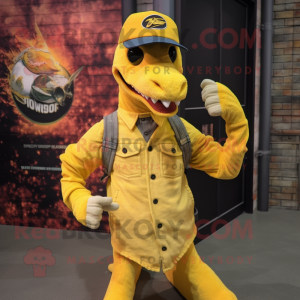 Yellow Velociraptor mascot costume character dressed with a Henley Shirt and Beanies