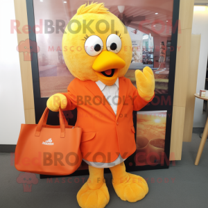 Orange Butter Chicken mascot costume character dressed with a Blazer and Tote bags