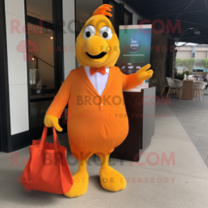 Orange Butter Chicken mascot costume character dressed with a Blazer and Tote bags