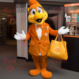 Orange Butter Chicken mascot costume character dressed with a Blazer and Tote bags