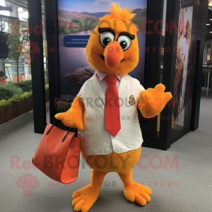 Orange Butter Chicken mascot costume character dressed with a Blazer and Tote bags