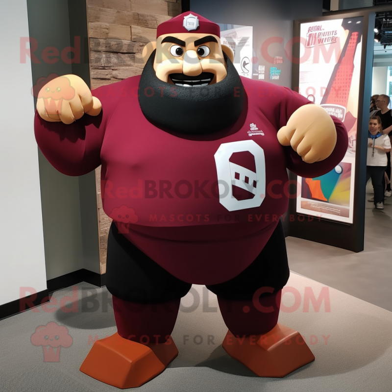 Maroon Strongman mascot costume character dressed with a A-Line Dress and Keychains