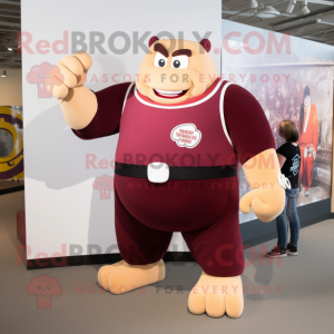 Maroon Strongman mascot costume character dressed with a A-Line Dress and Keychains