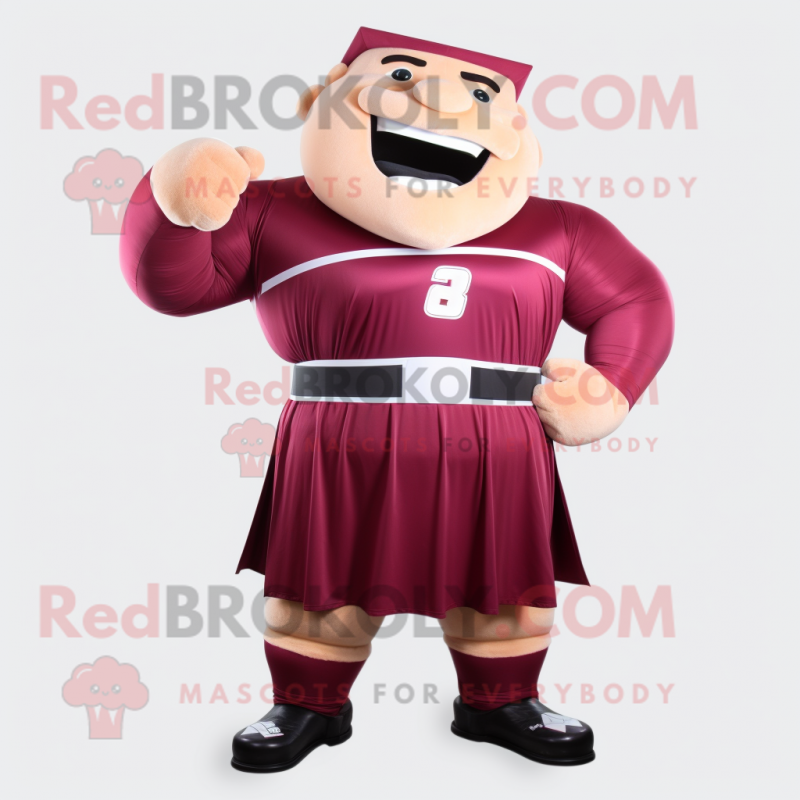 Maroon Strongman mascot costume character dressed with a A-Line Dress and Keychains