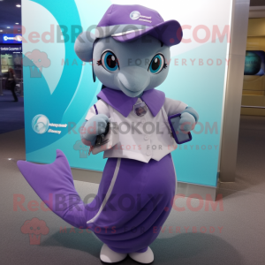 nan Dolphin mascot costume character dressed with a Pleated Skirt and Smartwatches