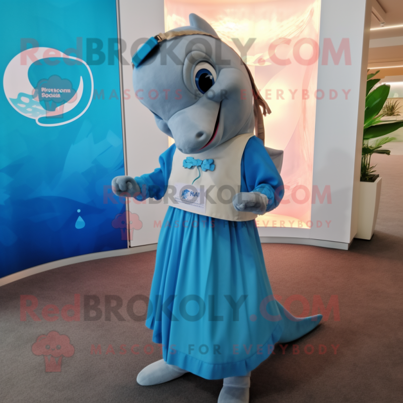 nan Dolphin mascot costume character dressed with a Pleated Skirt and Smartwatches