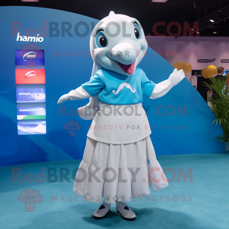 nan Dolphin mascot costume character dressed with a Pleated Skirt and Smartwatches nan Dolphin mascot costume character dressed with a Pleated Skirt and Smartwatches