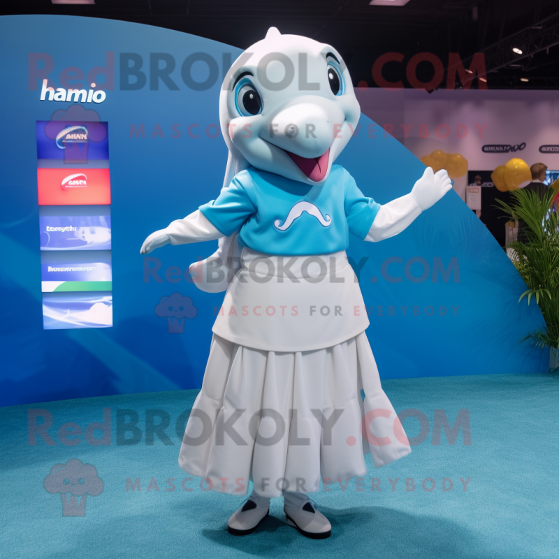 nan Dolphin mascot costume character dressed with a Pleated Skirt and Smartwatches