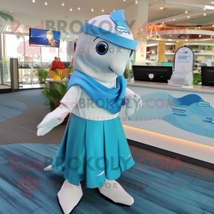 nan Dolphin mascot costume character dressed with a Pleated Skirt and Smartwatches