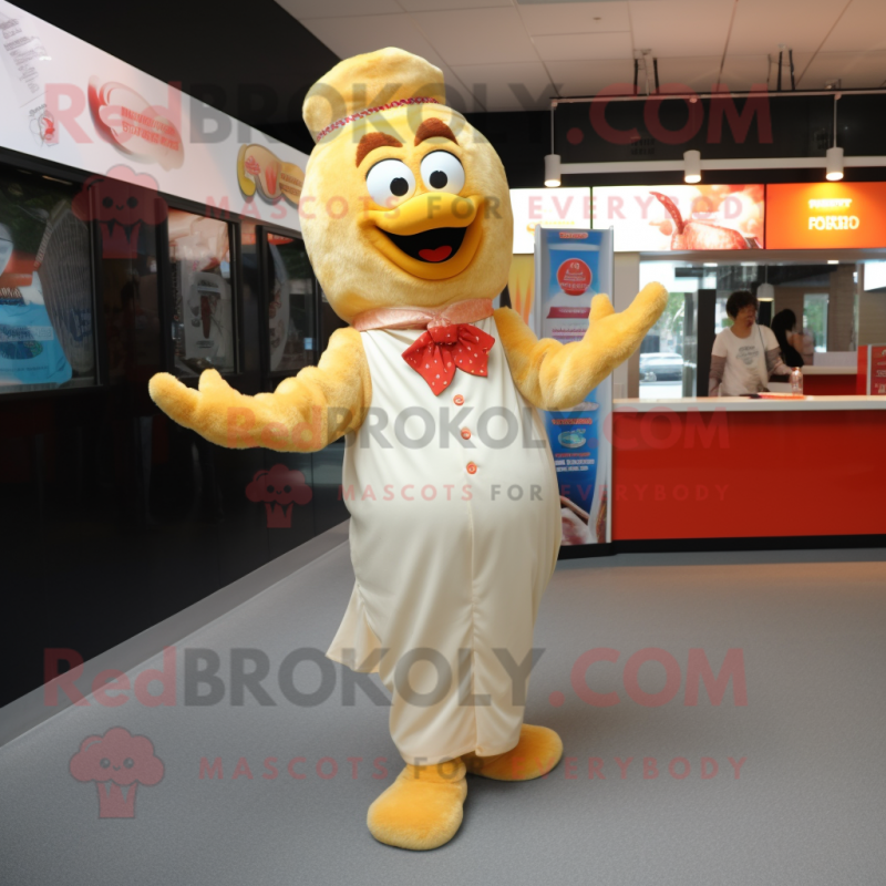 Beige Butter Chicken mascot costume character dressed with a Flare Jeans and Brooches