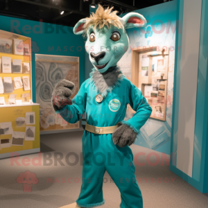 Teal Goat mascot costume character dressed with a Graphic Tee and Brooches