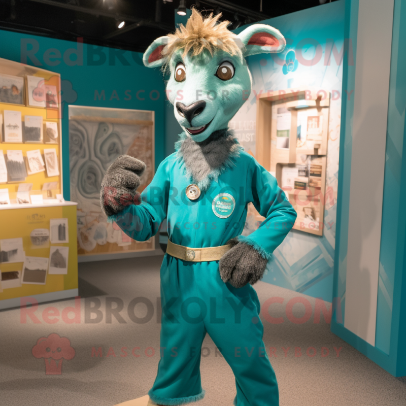 Teal Goat mascot costume character dressed with a Graphic Tee and Brooches Teal Goat mascot costume character dressed with a Graphic Tee and Brooches