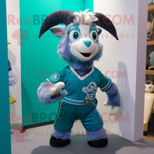 Teal Goat mascot costume character dressed with a Graphic Tee and Brooches