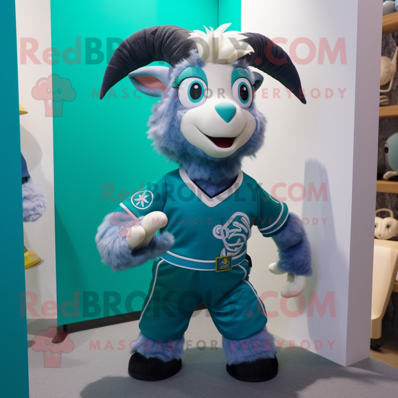 Teal Goat mascot costume character dressed with a Graphic Tee and Brooches Teal Goat mascot costume character dressed with a Graphic Tee and Brooches