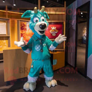 Teal Goat mascot costume character dressed with a Graphic Tee and Brooches