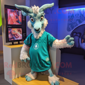Teal Goat mascot costume character dressed with a Graphic Tee and Brooches
