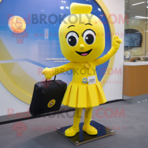 Yellow Alliance mascot costume character dressed with a Skirt and Briefcases