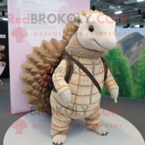 Beige Pangolin mascot costume character dressed with a Mini Dress and Backpacks