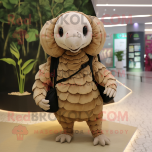 Beige Pangolin mascot costume character dressed with a Mini Dress and Backpacks