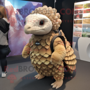 Beige Pangolin mascot costume character dressed with a Mini Dress and Backpacks