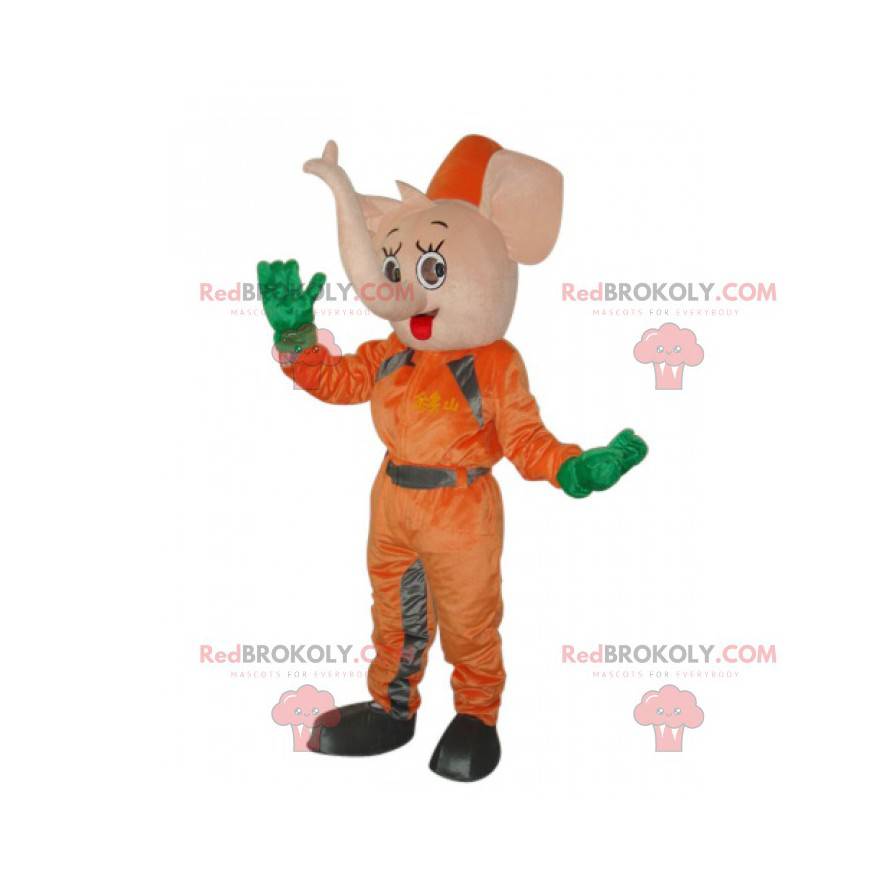 Mascotte d'éléphant rose en combinaison orange - Redbrokoly.com
