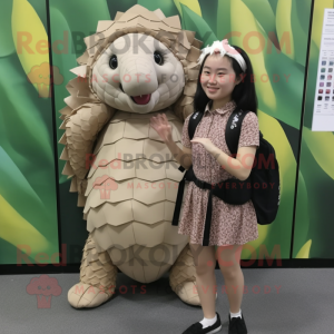 Beige Pangolin mascot costume character dressed with a Mini Dress and Backpacks
