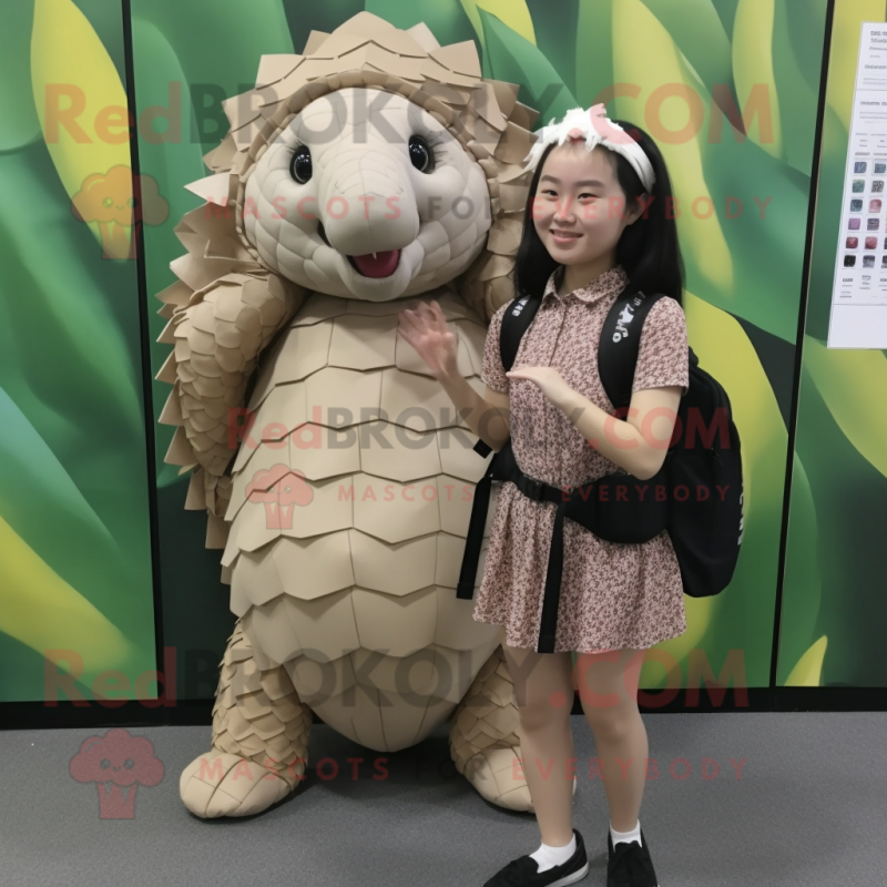 Beige Pangolin mascot costume character dressed with a Mini Dress and Backpacks