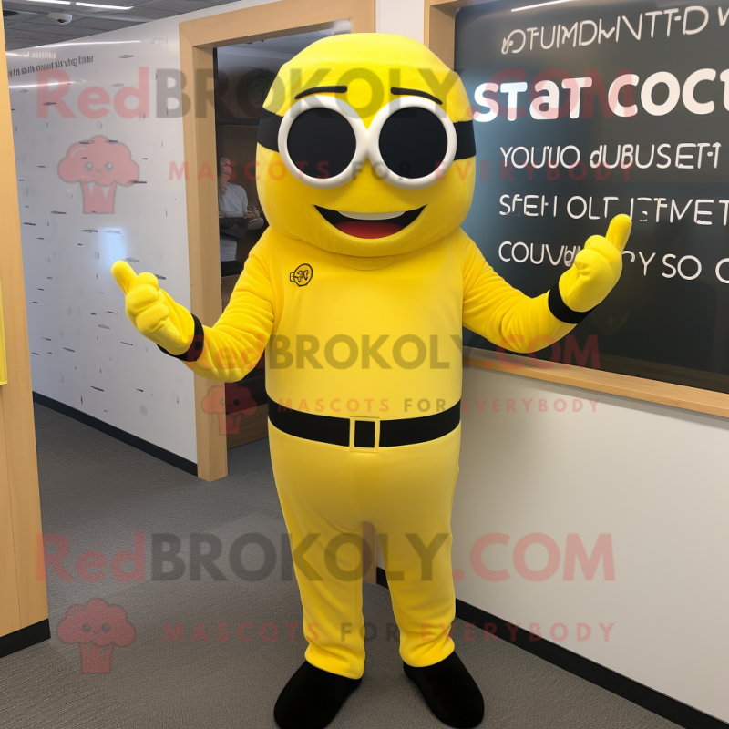 Yellow Attorney mascot costume character dressed with a Jumpsuit and Bracelets