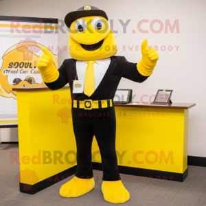 Yellow Attorney mascot costume character dressed with a Jumpsuit and Bracelets