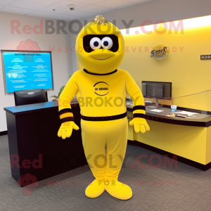 Yellow Attorney mascot costume character dressed with a Jumpsuit and Bracelets