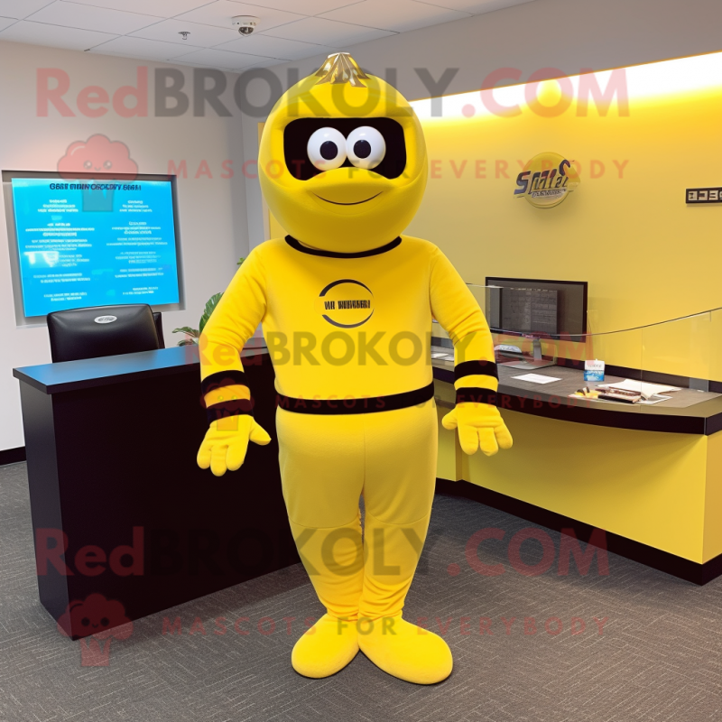 Yellow Attorney mascot costume character dressed with a Jumpsuit and Bracelets Yellow Attorney mascot costume character dressed with a Jumpsuit and Bracelets