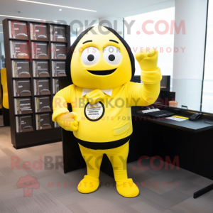 Yellow Attorney mascot costume character dressed with a Jumpsuit and Bracelets