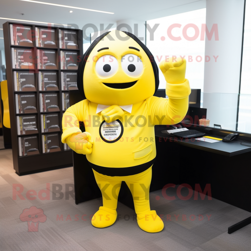 Yellow Attorney mascot costume character dressed with a Jumpsuit and Bracelets Yellow Attorney mascot costume character dressed with a Jumpsuit and Bracelets