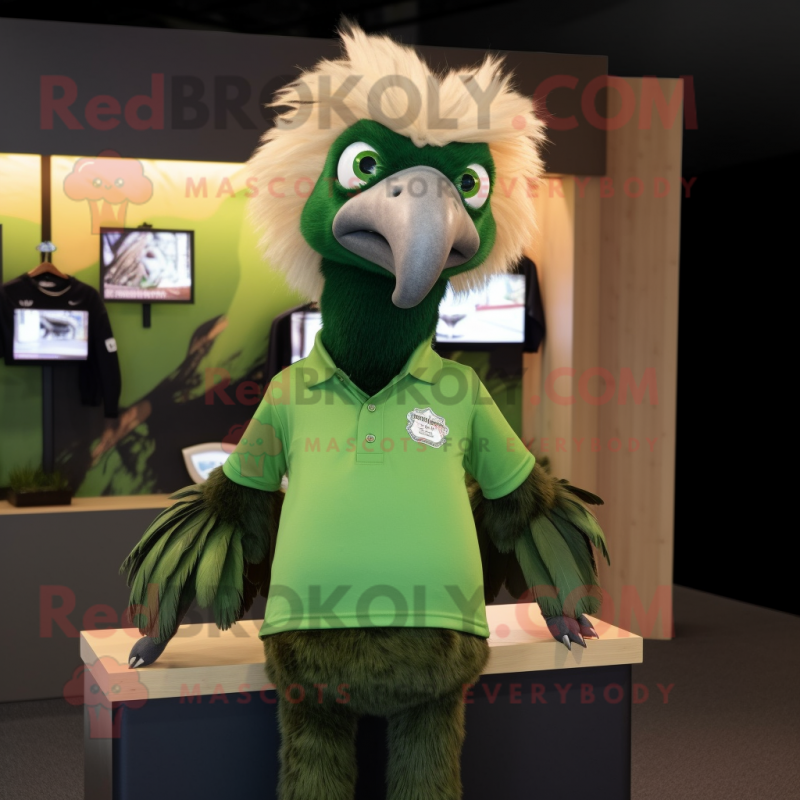Forest Green Vulture mascot costume character dressed with a Henley Tee and Hair clips