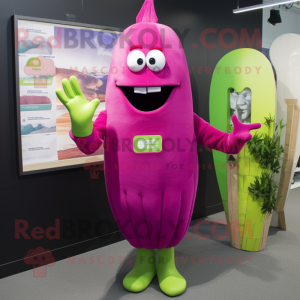 Magenta Celery mascot costume character dressed with a Rash Guard and Bracelets