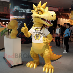 Gold Spinosaurus mascot costume character dressed with a Jeggings and Watches
