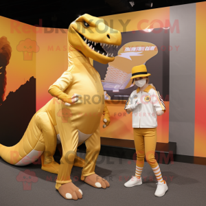 Gold Spinosaurus mascot costume character dressed with a Jeggings and Watches