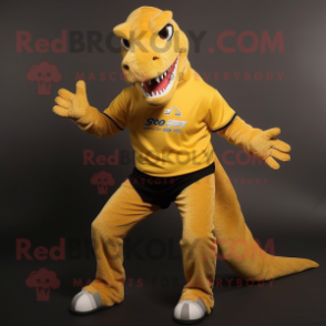 Gold Spinosaurus mascot costume character dressed with a Jeggings and Watches