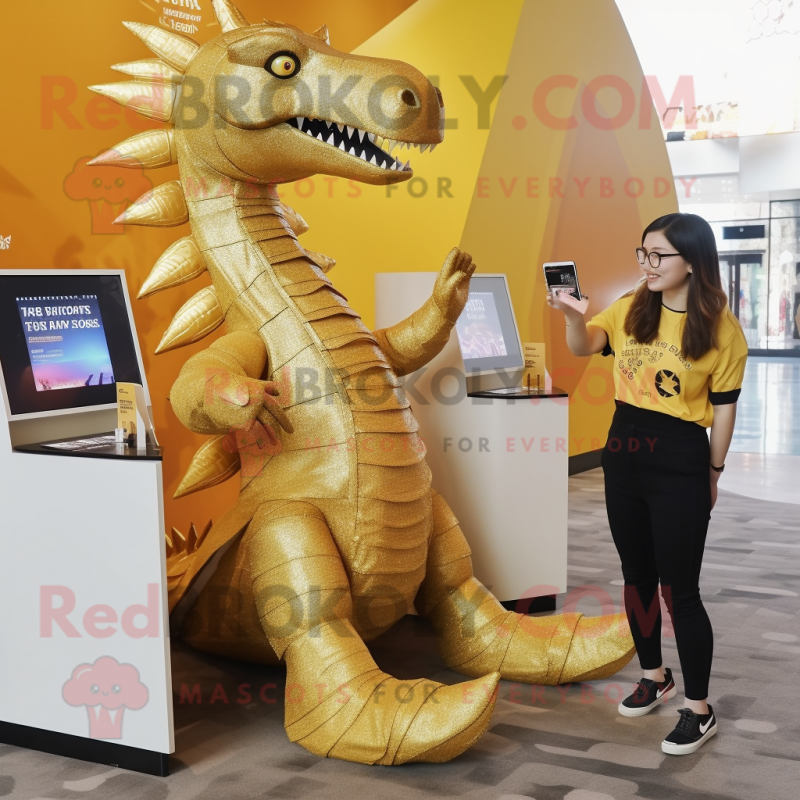 Gold Spinosaurus mascot costume character dressed with a Jeggings and Watches