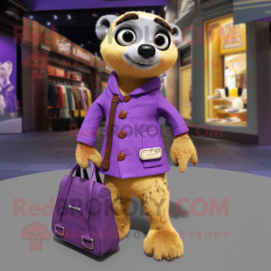 Purple Meerkat mascot costume character dressed with a Trousers and Handbags